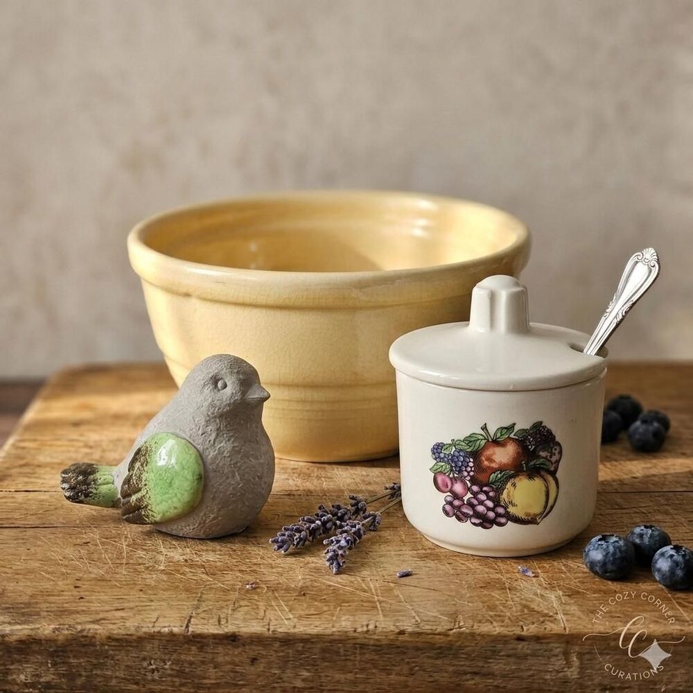 Yellowware Mixing Bowl, Hand-Painted Fruit Jam Jar, Bird Decor Trio